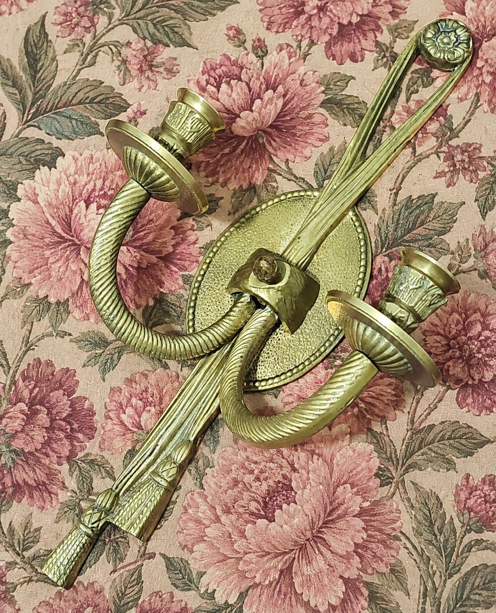 Vintage Solid Brass Double Arm Wall Sconce Bow Tassel Candle Holder